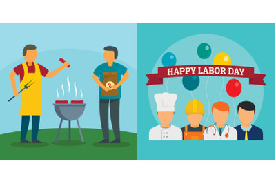 Labor Day workers banner concept set, flat style