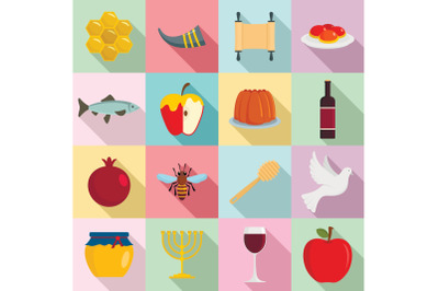 Rosh Hashanah jewish holiday icons set, flat style