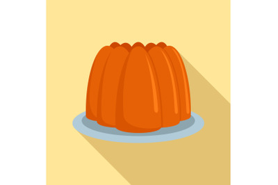 Fresh brown cake on plate icon, flat style