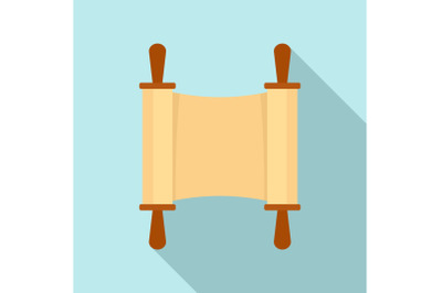 Rolled open brown papyrus icon, flat style