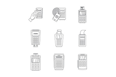 Bank terminal credit card icons set, outline style