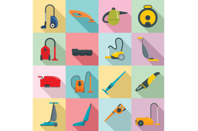 Vacuum cleaner washing icons set, flat style