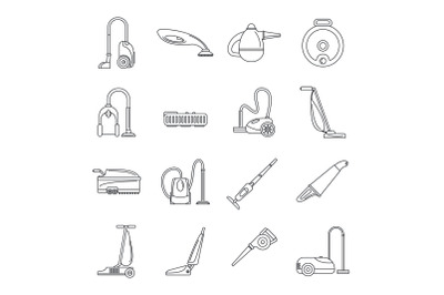 Vacuum cleaner washing icons set, outline style