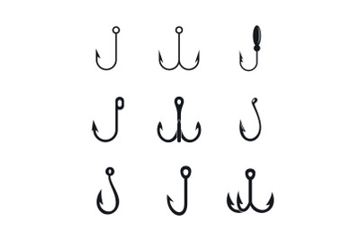 Fishing hook rod tackle icons set, simple style.
