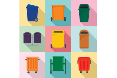 Separation recycle bin trash icons set, flat style