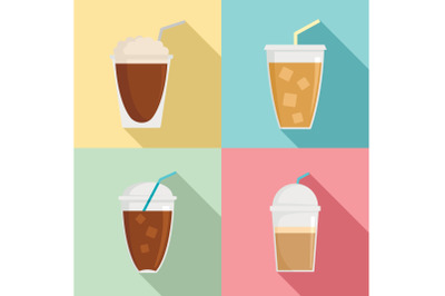 Ice coffee cream cold cup icons set, flat style