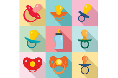 Pacifier baby care newborn icons set, flat style