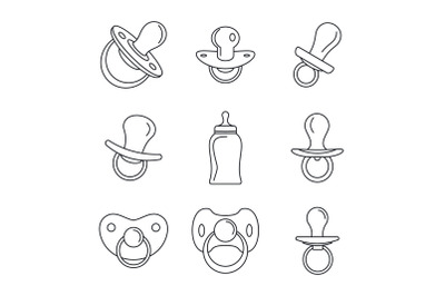 Pacifier baby care child icons set, outline style