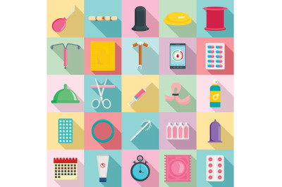 Contraception Day control icons set, flat style