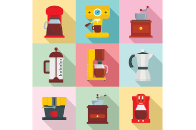 Coffee maker pot espresso icons set, flat style