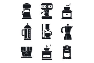 Coffee maker pot espresso icons set, simple style