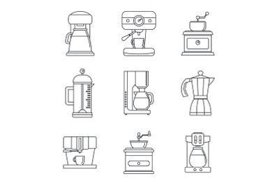 Coffee maker pot espresso icons set, outline style
