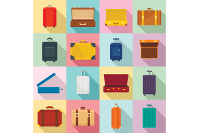 Suitcase travel luggage bag icons set, flat style