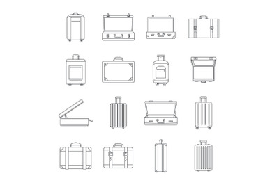 Suitcase travel luggage icons set, outline style