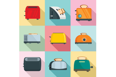 Toaster kitchen bread oven icons set, flat style