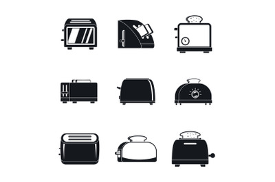 Toaster kitchen bread oven icons set, simple style