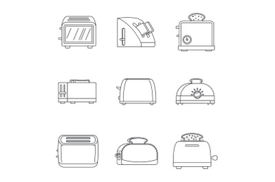 Toaster kitchen bread icons set, outline style