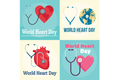 World Heart Day world banner set, flat style