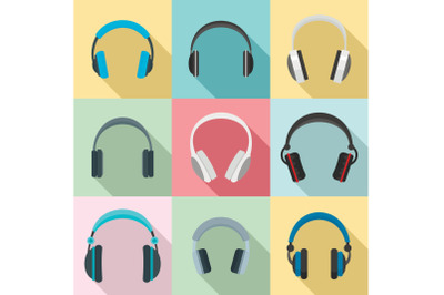 Headphones music speakers icons set, flat style