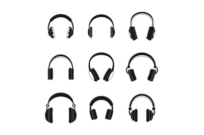 Headphones music speakers icons set, simple style