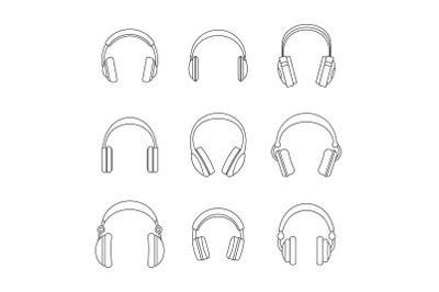 Headphones music speakers icons set, outline style