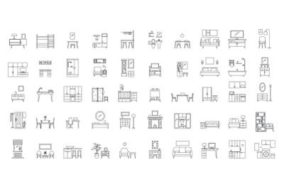 Interior room objects icons set, outline style