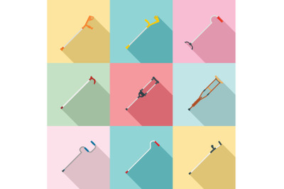 Crutches injury support care icons set, flat style
