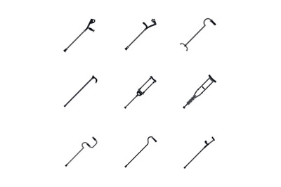 Crutches injury support care icons set, simple style