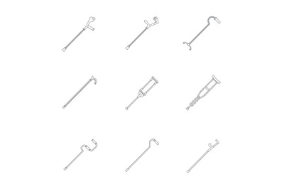 Crutches injury support care icons set, outline style