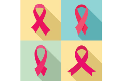 Breast cancer ribbon pink icons set, flat style