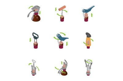 Corkscrew icons set, isometric style
