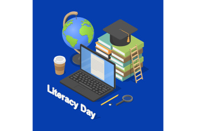 Literacy Day book banner concept, isometric style