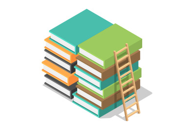 Wood ladder on stack books icon, isometric style