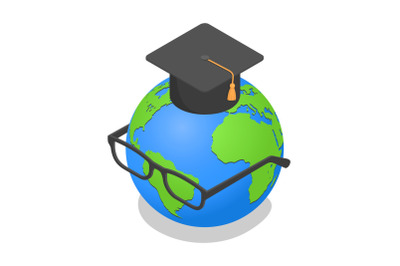 Earth globe graduated glasses icon, isometric style