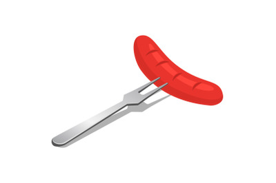 Fresh sausage on fork icon, isometric style