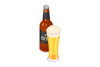 Bottle and glass of beer icon, isometric style