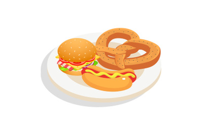 Fresh fast food on plate icon, isometric style