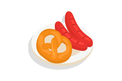 Pretzel bakery and sausage icon, isometric style