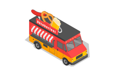 Oktoberfest truck beer and food icon, isometric style