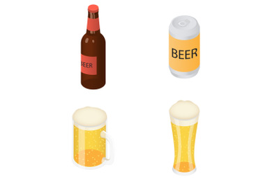 Beer bottles glass icons set, isometric style