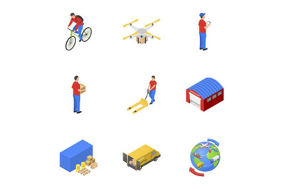 Postal delivery icons set, isometric style