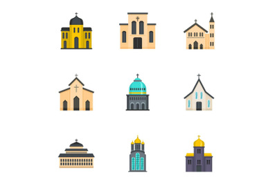 Place of worship icons set, cartoon style