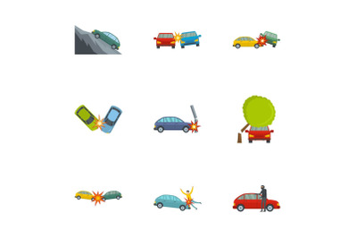 Car accident icons set, cartoon style