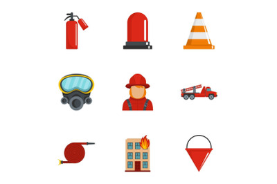 Extinguish fire icons set, cartoon style