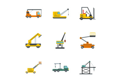 Hoisting crane icons set, cartoon style