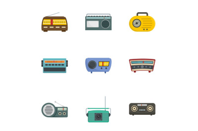 Radio station icons set, cartoon style