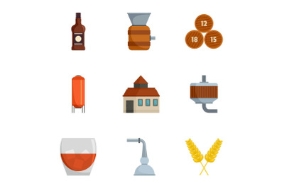 Alcohol distillation icons set, cartoon style