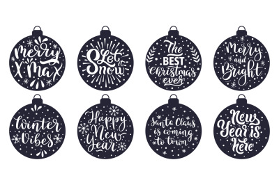 Christmas tree balls lettering. Merry Christmas and Happy New Year win