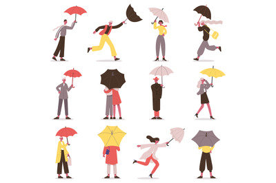 People holding umbrella. Male and female fall characters with umbrella