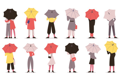 People with umbrella. Fall rainy weather day characters hiding under u